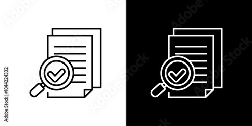 Minimalist line icon of stacked documents with a magnifying glass and check mark, representing document verification, data review, approval process, and quality control.