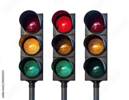 Three traffic signal lights, each with three colors red, yellow and green, all isolated on white