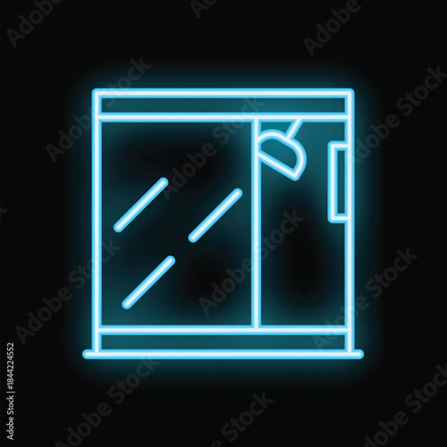 Bright blue neon icon of a shower stall with sliding doors, illuminating the dark background