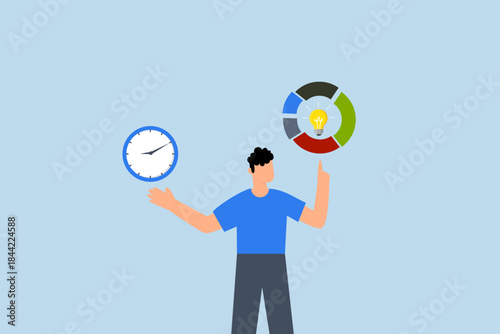 Time management, businessman holding time clock with pie chart routine.