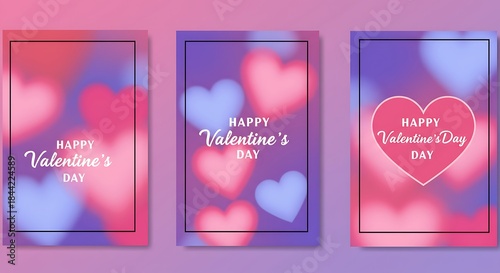 Three Valentine's Day greeting card designs with blurred heart shapes and text