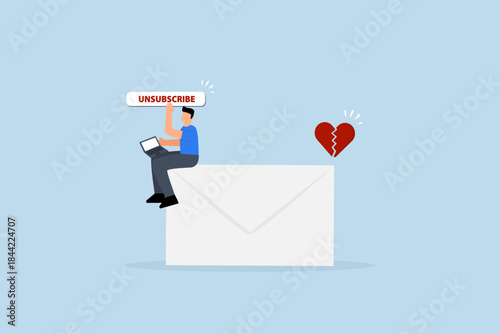 Unsubscribe email exit from mailing list, businessman working with computer laptop push unsubscribe button.