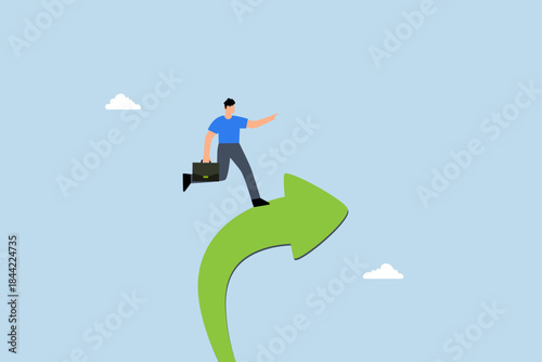 Increase business success, businessman ride upward rising success arrow upward direction.