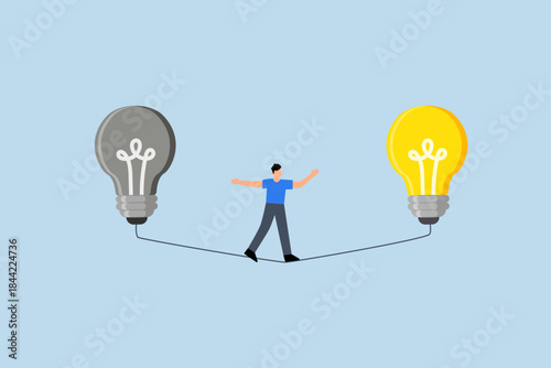 leadership transition, businessman walk from old to bright lightbulb idea.