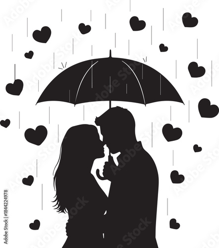 Romantic silhouette of a couple kissing under an umbrella with hearts