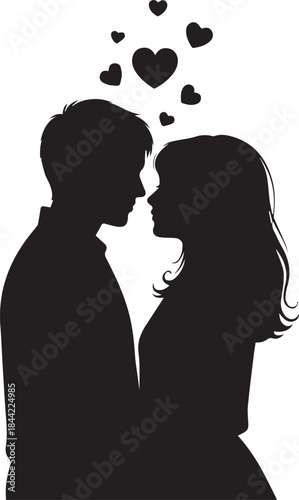 Silhouette of a couple in love with hearts above them