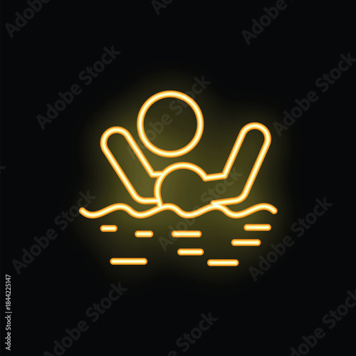 Simple neon sign of a person swimming in the water, glowing yellow on a black background