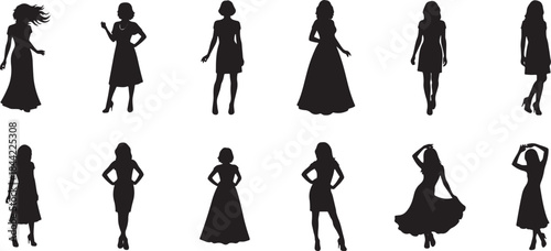 Set of Twelve Black Female Silhouette Icons in Various Dresses - Women Posing in Gowns, Cocktail Dresses, and Casual Attire Vector for Fashion, Beauty, and Event Design