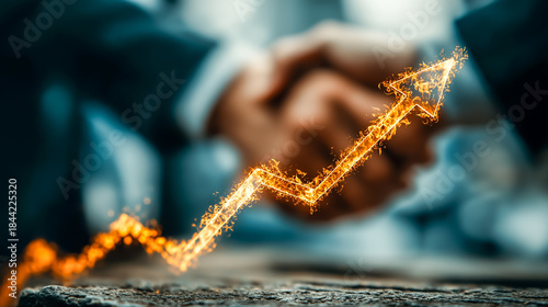 成功のサイン：握手×炎の上昇矢印（成長戦略の背景素材）