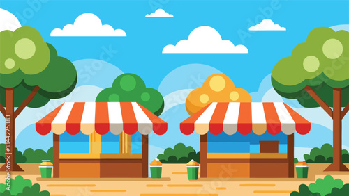 Flat design illustration of two market stalls under a bright blue sky with trees