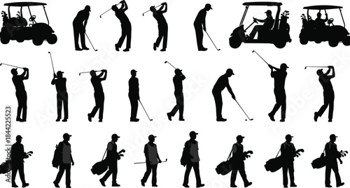 Golf silhouettes, swing poses, golf cart, vector clipart, black and white, athletic gesture, golf bag, walking, stance