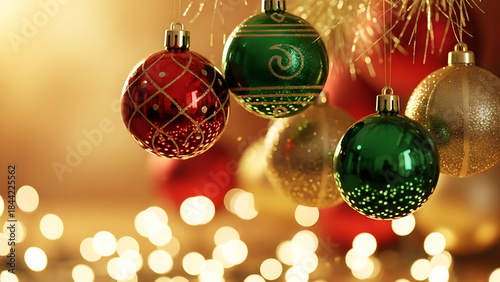 Festive Christmas Ornaments and Bokeh Lights - A Warm and Joyful Holiday Celebration