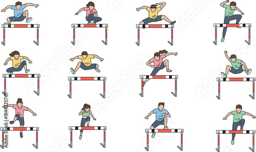 Athletes Jumping Over Hurdles Illustration Set Showing Track and Field Training, Speed, Agility and Sport Competition Poses