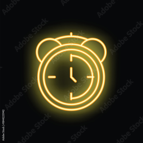 Yellow neon sign of a classic alarm clock glowing on a black background