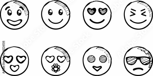 Collection of hand drawn smiley faces with various expressions and details