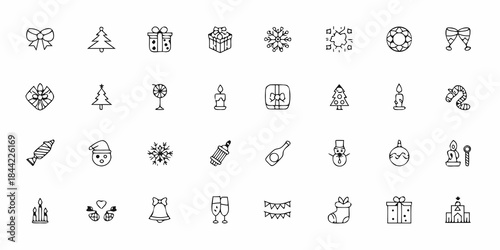 Collection of festive line art icons depicting christmas and winter holiday themes