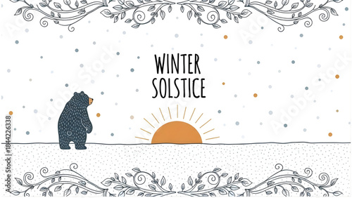 Cozy Winter Solstice Greeting Card Design with Bear Watching Sunrise on Longest Night