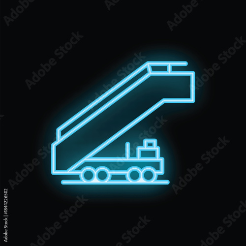 Blue neon icon of passenger boarding bridge connecting airport with airplane on black background