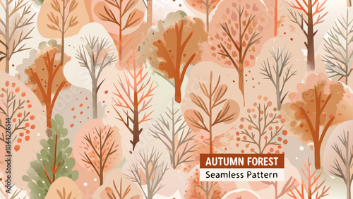 Watercolor autumn forest seamless pattern with stylized trees and warm colors