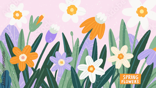 A charming illustration of springtime flowers in pastel shades and green foliage