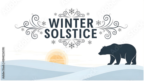 Elegant Winter Solstice Greeting with Polar Bear Silhouette on Snowy Landscape at Sunrise