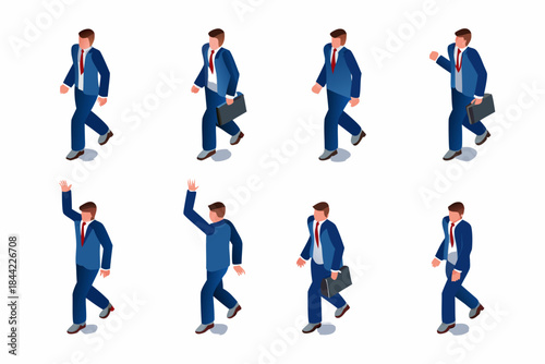 Isometric illustration of businessmen walking in various poses conveying movement and progress