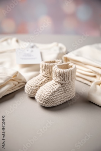 Neutral newborn gift set with knitted booties, soft clothing and tags styled