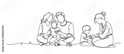 continuous single line drawing of happy parents having fun with their toddler, line art vector illustration
