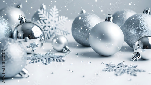 Festive silver Christmas baubles and snowflakes scattering with gentle falling snow creating a magical holiday atmosphere