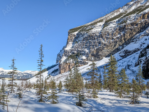 Winter in the mountains - frozen lake, snow-covered rocks, spruce trees covered with snow on a sunny day - winter vacation - snowshoe hiking and ski trails, Lake Louise, Alberta, Canada