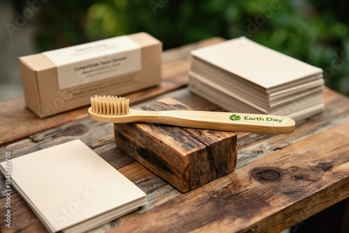 Earth Day bamboo tooth-brush displayed on rustic wooden table with packaging