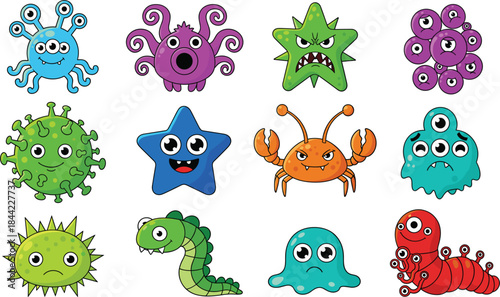 Cute Cartoon Monster and Alien Character Set Featuring Funny Fantasy Creatures, Bugs and Space Mascots for Kids Designs