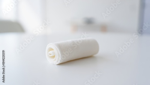 Rolled white medical bandage on a clean clinical table with soft focus