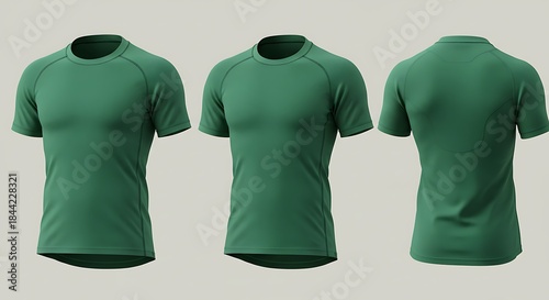 Three views front, side, and back of a fitted athletic crew-neck t-shirt in a solid emerald green