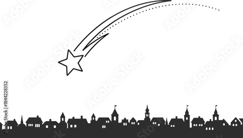 Black outline of a shooting star over a dark silhouette of a town skyline