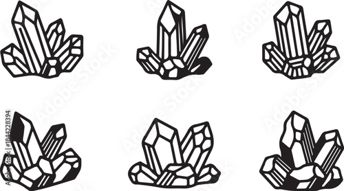 A collection of six stylized black and white line of crystal clusters with varying geometric facets geode also transparent background