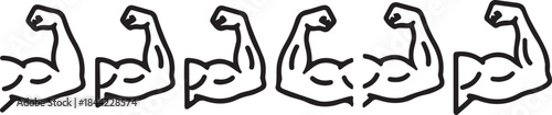 Five cartoon-style flexing bicep in black and white demonstrating strength and fitness with increasing muscle definition also transparent background