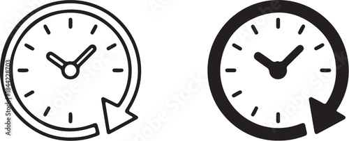 Two stylized clock one outlined and one filled showing time passing with a circular arrow indicating a continuous loop or cycle also transparent background