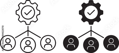 Two organizational chart one outlined and one solid black showing a gear with a checkmark connected to three user profile also transparent background