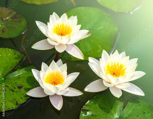 Three vibrant white blossoms with yellow centers float serenely on water, surrounded by green lily pads