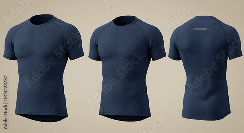 Three views of a navy athletic compression shirt, front, side and rear, studio lighting