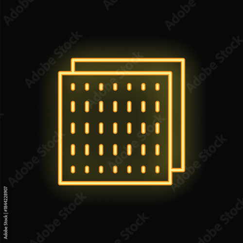 Bright yellow neon icon of matzah, unleavened bread eaten during passover, glowing on black background
