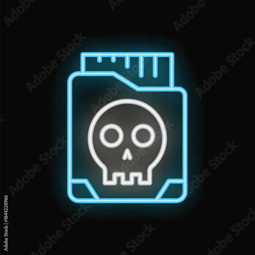 Blue neon icon of a computer virus, malware, ransomware, or other dangerous cyber threat