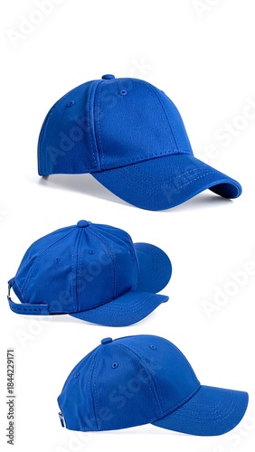 Three views of a vibrant blue baseball cap isolated against a white background