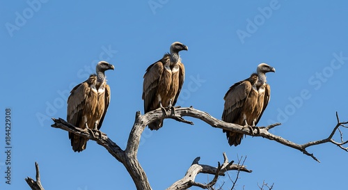Three vultures perch on a barren branch under a clear, bright blue sky (1)