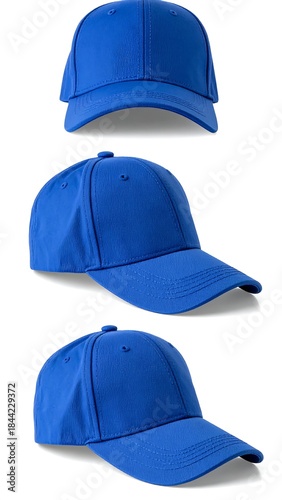 Three views of a vibrant blue baseball cap showcasing different angles against a white backdrop