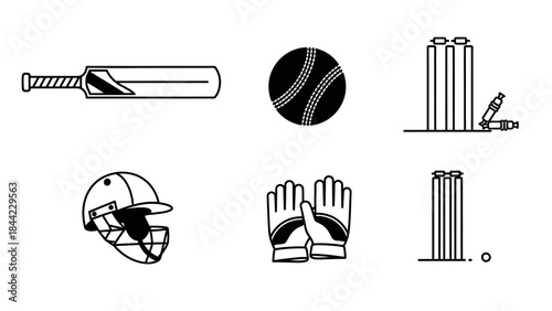 Line Art Cricket Equipment Such As Bat Ball Bails Helmet Gloves And Wicket On White Background Sport Vector Icon Illustration