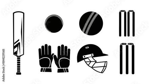 Set of black filled silhouette cricket game including bat ball wicket helmet and gloves equipment for sport cricket competition championship vector design isolate