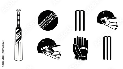 Cricket equipment set in silhouette style including bat ball wicket helmet and gloves equipment for sport cricket game vector design isolated on white background