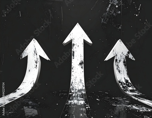 Three white arrows pointing upwards against a textured, dark background, suggesting progress